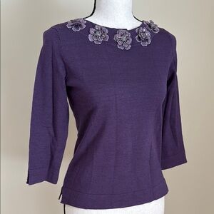 Judith Hart Petites Purple Floral Embroidered Neckline Silk Blend Sweater Top P
